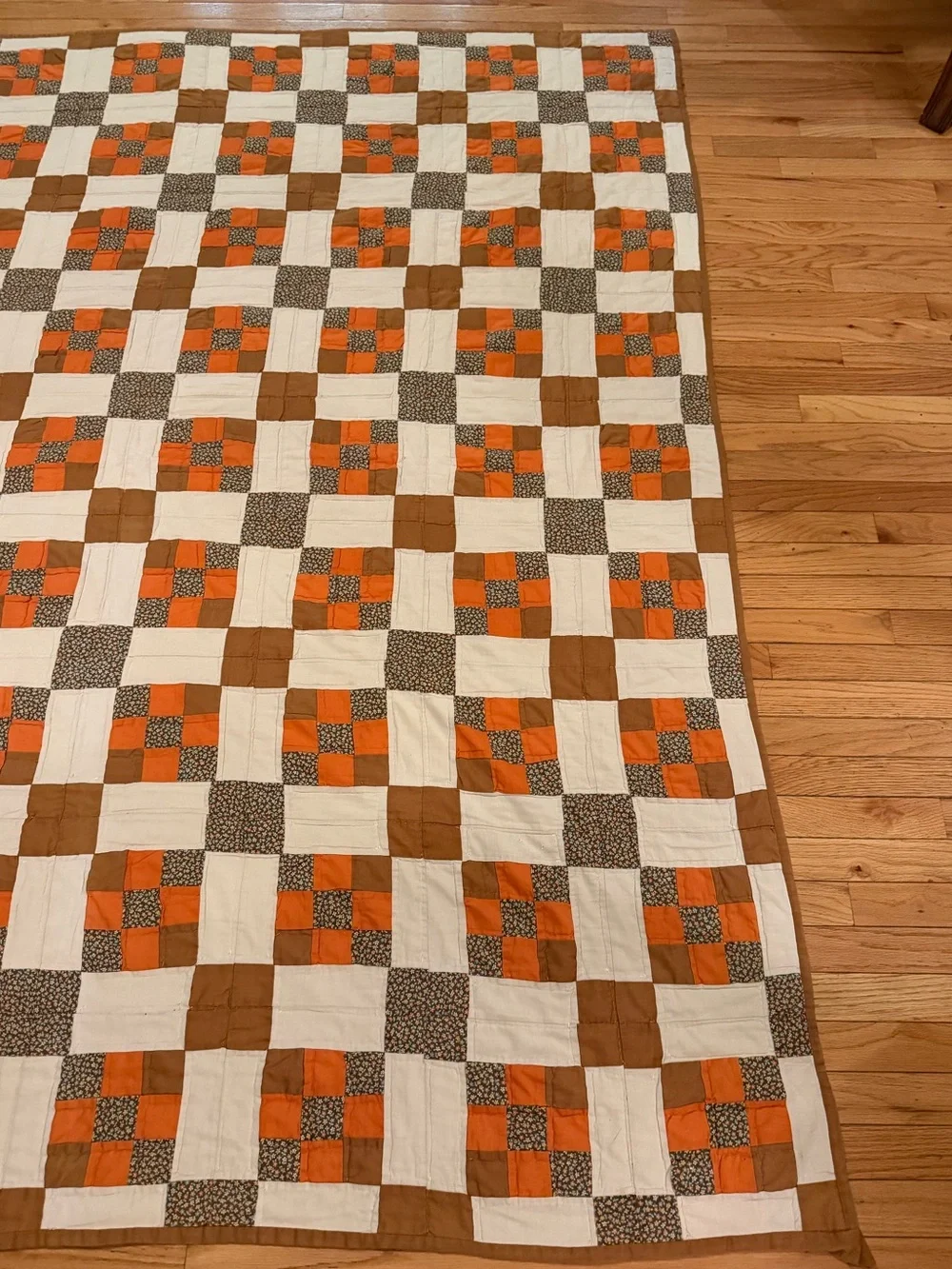 VTG Handmade Appalachian Granny Patchwork Quilt Cream, Orange & Brown 85 x 75